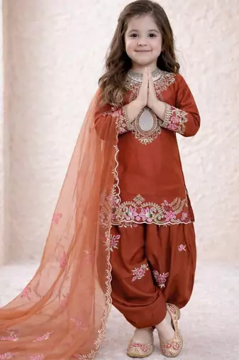 orange pure heavy natural crepe salwar suit set with heavy embroidery sequence work - designer party wear
