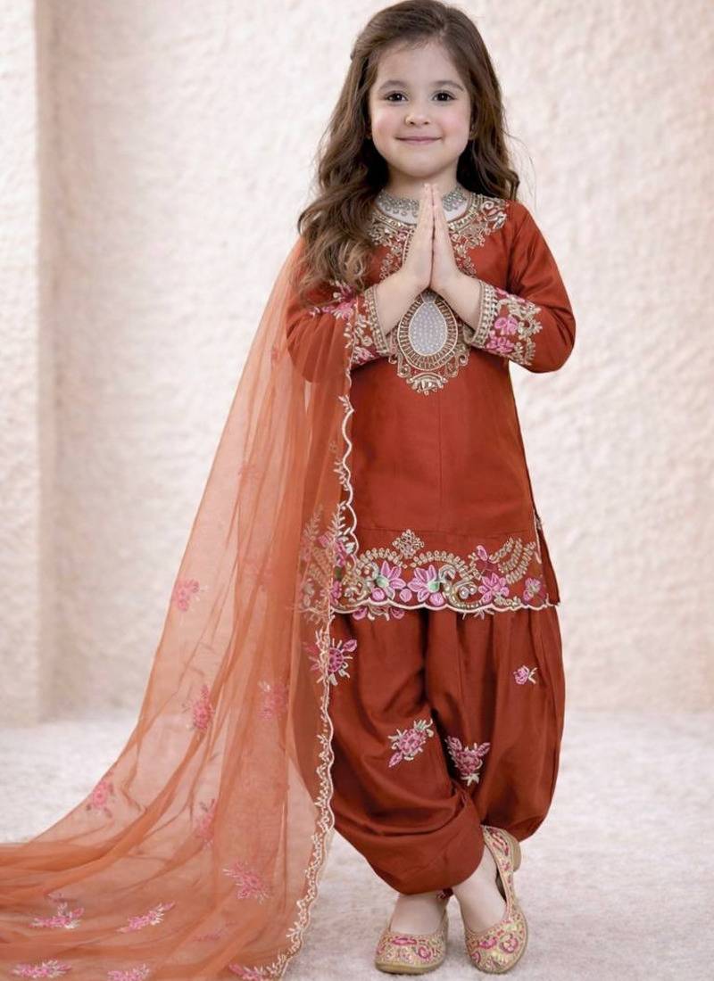 orange pure heavy natural crepe salwar suit set with heavy embroidery sequence work - designer party wear