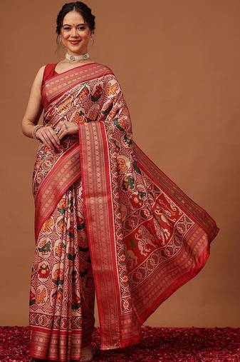 Red woven art silk traditional saree with blouse piece