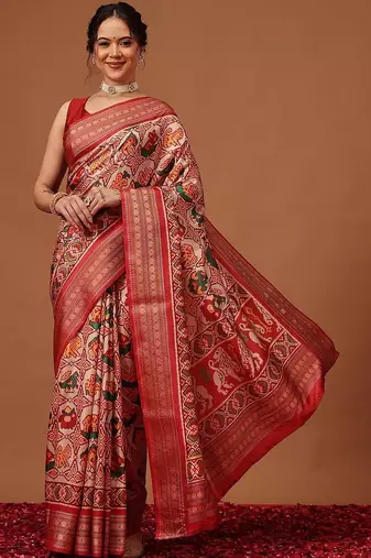 Red woven art silk traditional saree with blouse piece