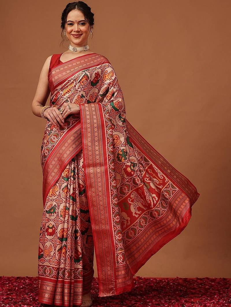 Red woven art silk traditional saree with blouse piece