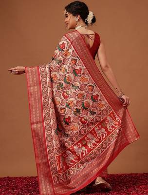 Red woven art silk traditional saree with blouse piece 2
