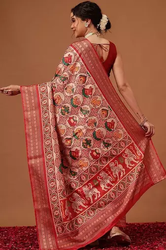 Red woven art silk traditional saree with blouse piece