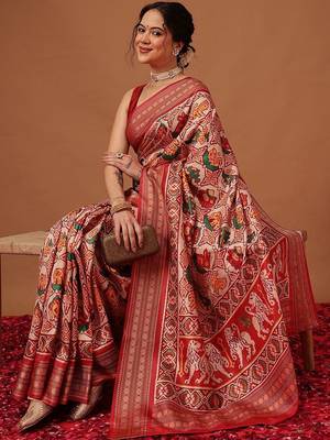 Red woven art silk traditional saree with blouse piece 3