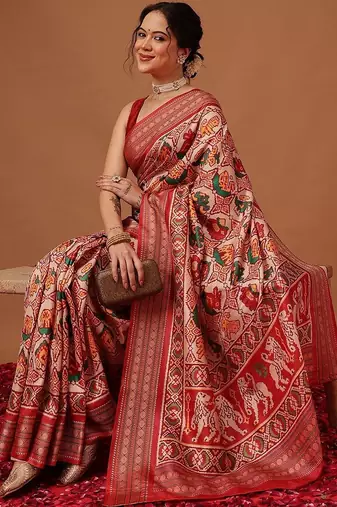 Red woven art silk traditional saree with blouse piece