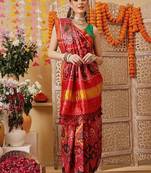 Red printed silk cotton ethnic saree with blouse piece
