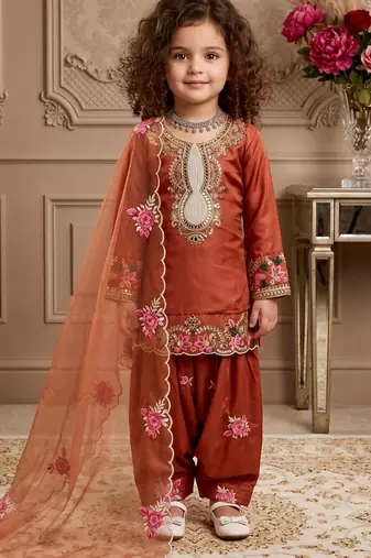 orange pure heavy natural crepe salwar suit set with heavy embroidery sequence work - designer party wear