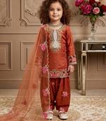 orange pure heavy natural crepe salwar suit set with heavy embroidery sequence work - designer party wear