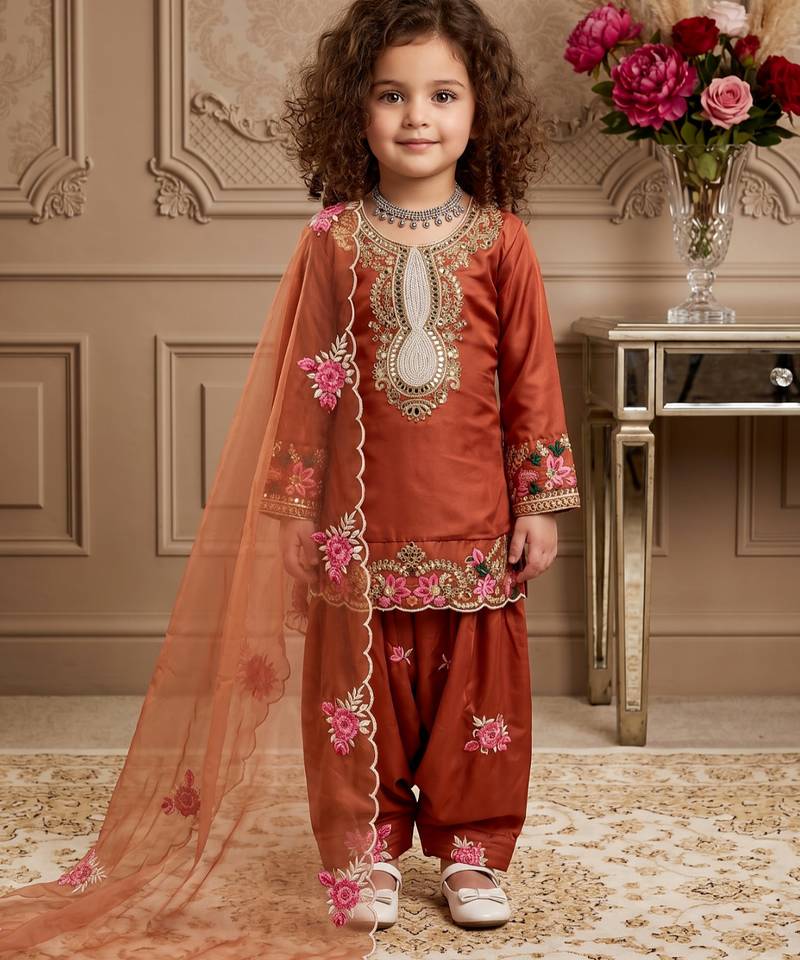 orange pure heavy natural crepe salwar suit set with heavy embroidery sequence work - designer party wear