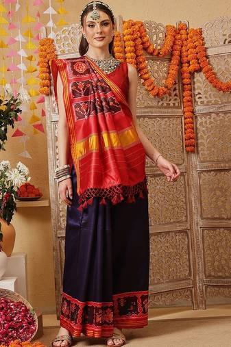 Navy blue printed silk cotton ethnic saree with blouse piece