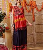 Navy blue printed silk cotton ethnic saree with blouse piece