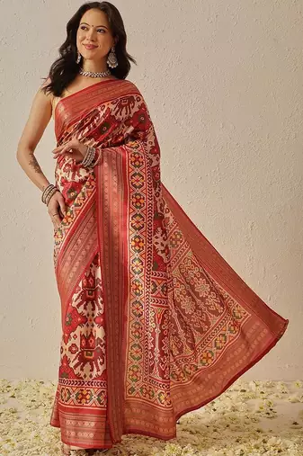 Red woven art silk traditional saree with blouse piece