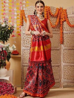 Red printed silk cotton ethnic saree with blouse piece 1