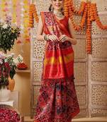 Red printed silk cotton ethnic saree with blouse piece