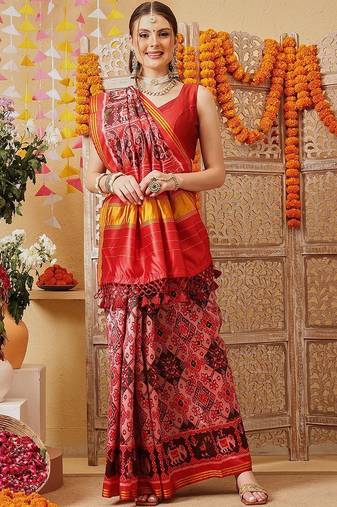Pink printed silk cotton ethnic saree with blouse piece