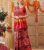 Pink printed silk cotton ethnic saree with blouse piece