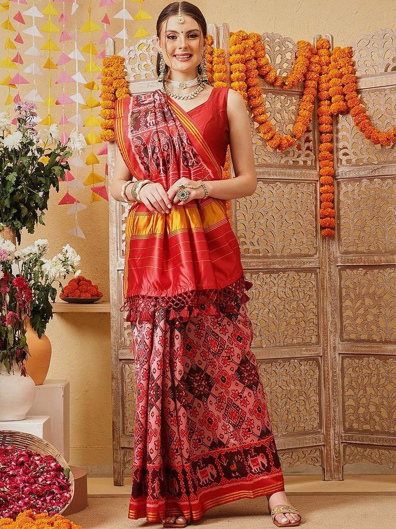 Pink printed silk cotton ethnic saree with blouse piece