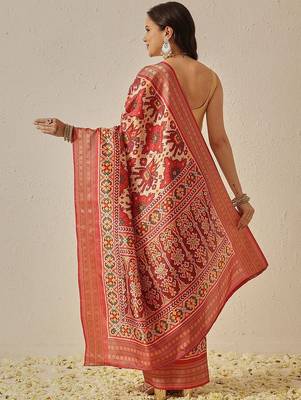 Red woven art silk traditional saree with blouse piece 2