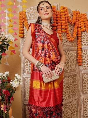 Red printed silk cotton ethnic saree with blouse piece 2