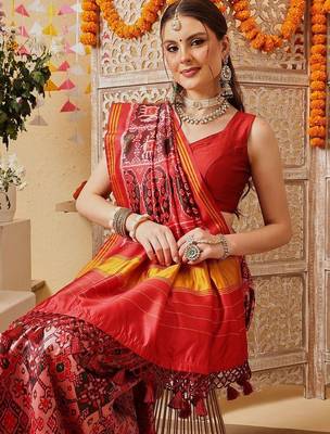 Pink printed silk cotton ethnic saree with blouse piece 2