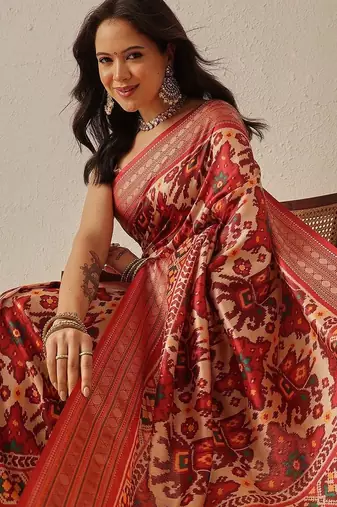 Red woven art silk traditional saree with blouse piece