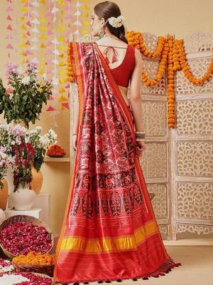 Pink printed silk cotton ethnic saree with blouse piece 3