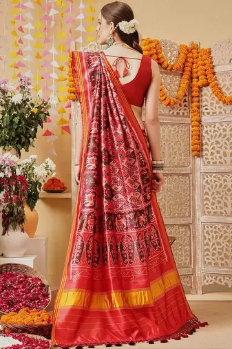 Pink printed silk cotton ethnic saree with blouse piece