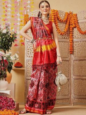 Pink printed silk cotton ethnic saree with blouse piece 4