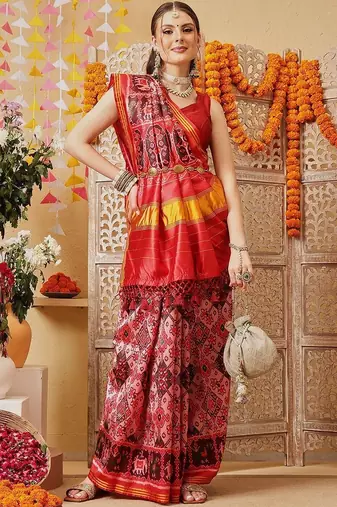 Pink printed silk cotton ethnic saree with blouse piece