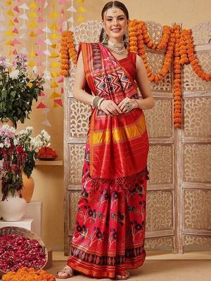Red printed silk cotton ethnic saree with blouse piece 1