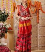 Red printed silk cotton ethnic saree with blouse piece