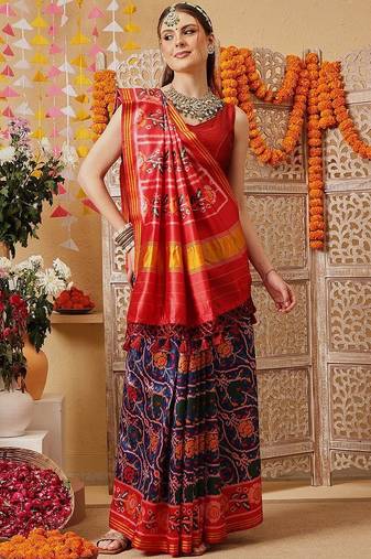 Multicolor printed silk cotton ethnic saree with blouse piece
