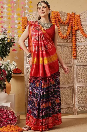 Multicolor printed silk cotton ethnic saree with blouse piece