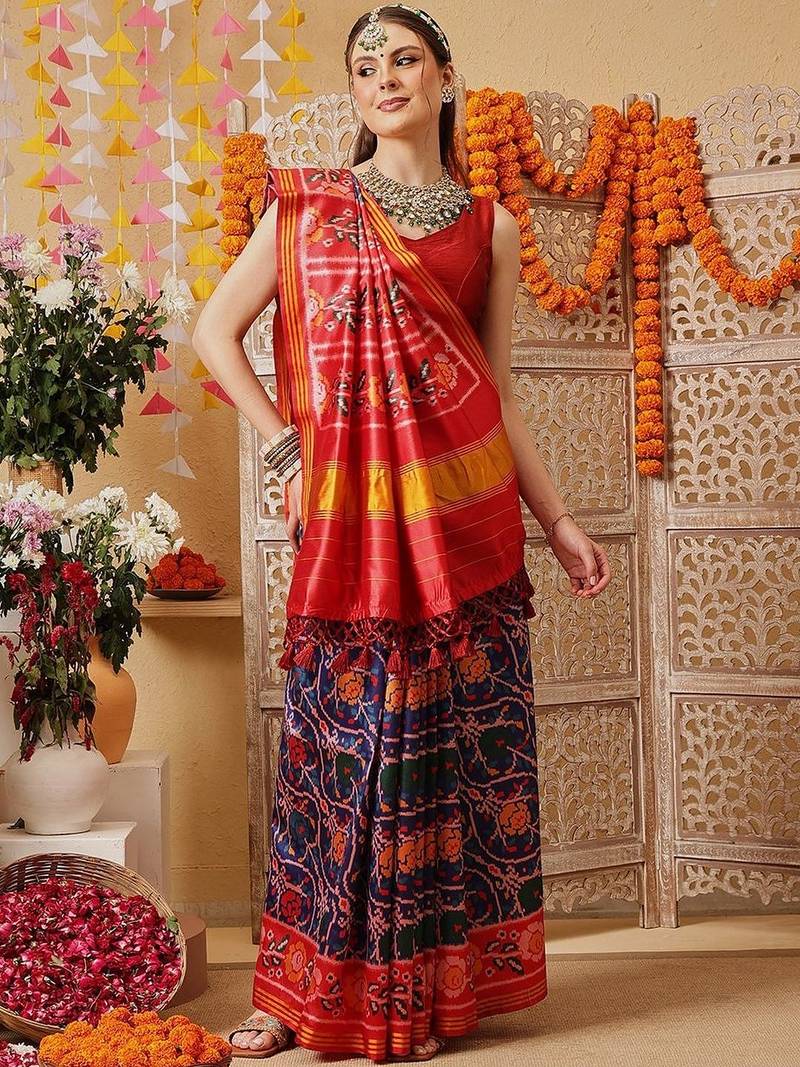 Multicolor printed silk cotton ethnic saree with blouse piece