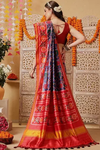 Multicolor printed silk cotton ethnic saree with blouse piece