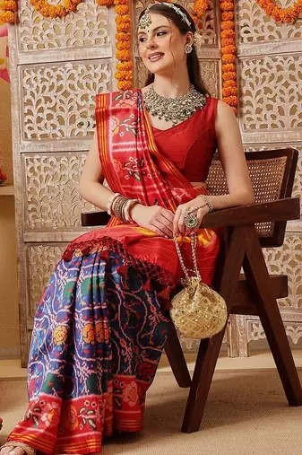 Multicolor printed silk cotton ethnic saree with blouse piece