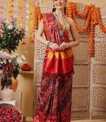 Red printed silk cotton traditional saree with blouse piece