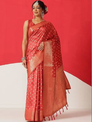 Red woven art silk traditional saree with blouse piece 1