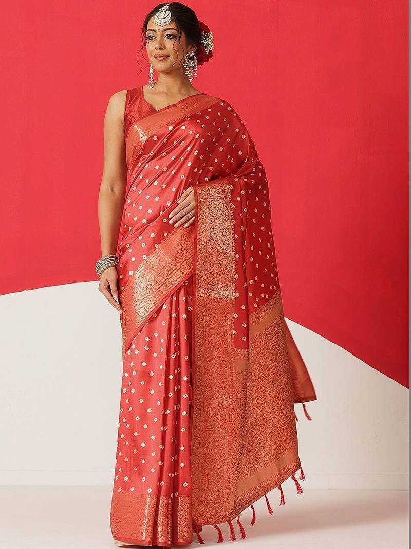 Red woven art silk traditional saree with blouse piece