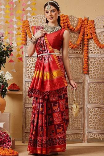 Red printed silk cotton traditional saree with blouse piece