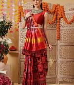 Red printed silk cotton traditional saree with blouse piece