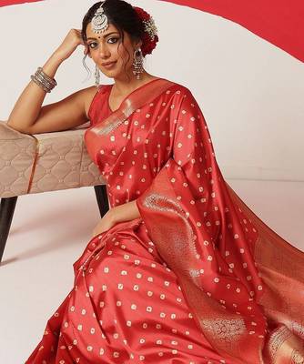 Red woven art silk traditional saree with blouse piece 2