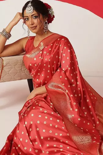 Red woven art silk traditional saree with blouse piece