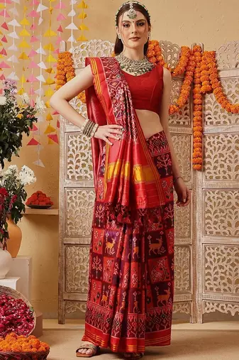 Red printed silk cotton traditional saree with blouse piece