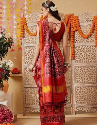 Red printed silk cotton traditional saree with blouse piece 3