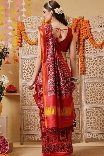 Red printed silk cotton traditional saree with blouse piece