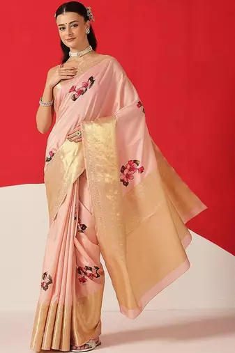 Peach printed tissue traditional saree with blouse piece