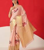 Peach printed tissue traditional saree with blouse piece