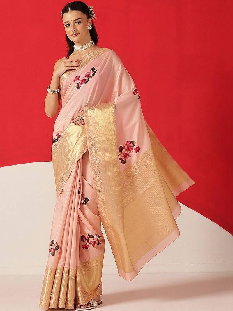 Peach printed tissue traditional saree with blouse piece