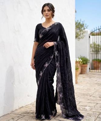 Black fendy satin space silk blend solid diamond siroski work saree with un-stitched blouse 1
